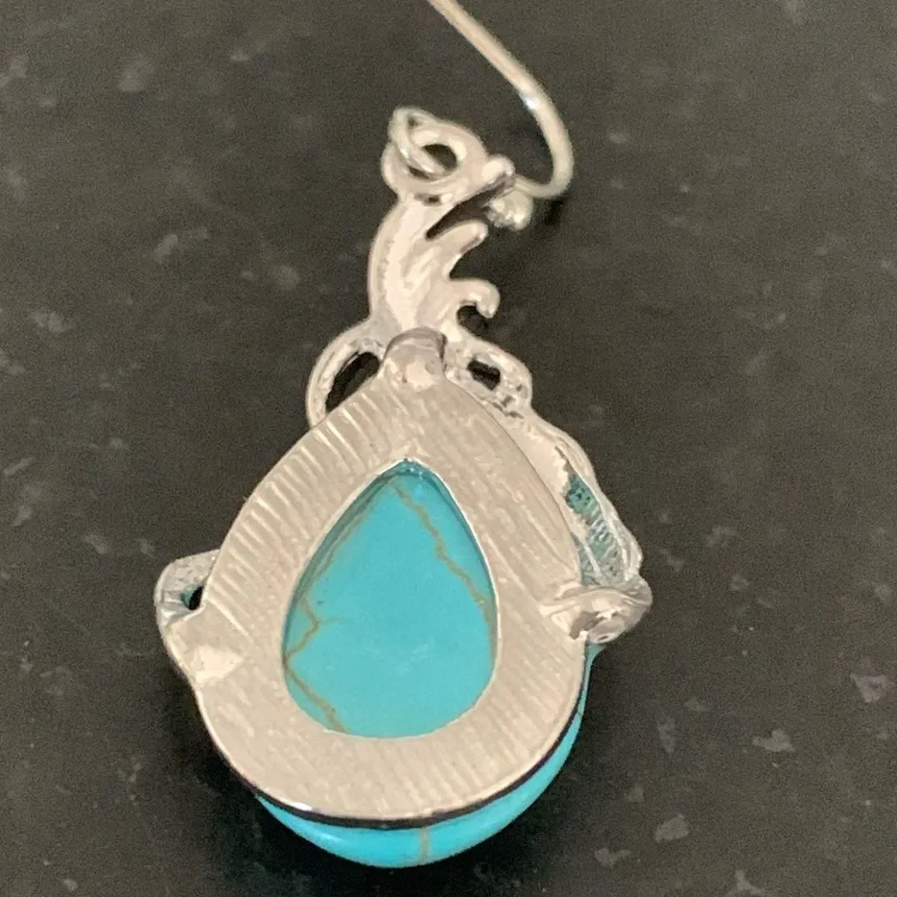 Western Southwestern Silver & Faux Turquoise Color Drop Earrings